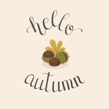 Hand drawn lettering "hello autumn" with chestnuts. Handwritten quote. Poster, greeting card, wall art or wallpaper template. Vector art.のイラスト素材