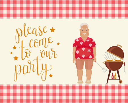Happy smiling elder man doing barbecue. Handwritten lettering "please come to our party". Invitation template. Vector art.のイラスト素材