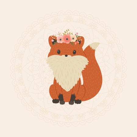 Cute cartoon fox in a floral wreath. Vector illustrationのイラスト素材