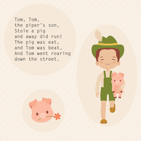 Nursery rhymes vector illustration. Tom, Tom, the piper's son poem for children. Laughing Tom running with a stolen pig.のイラスト素材