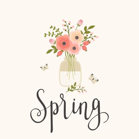 Floral hand lettering/calligraphy "Spring" and bouquet of flowers in a mason jar.のイラスト素材