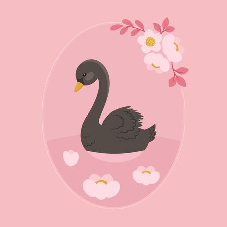 Black swan swimming in floral lake. Fairy tale concept. Vector illustration.のイラスト素材