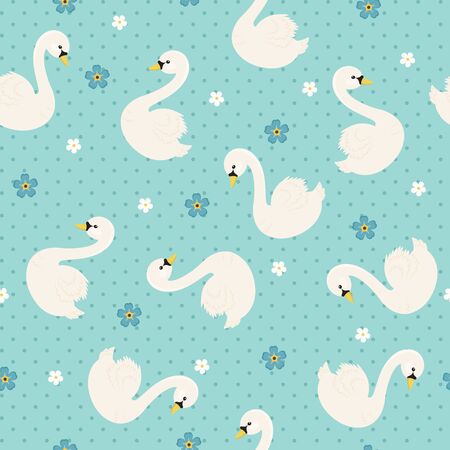 White swan with forget-me-not flowers on blue background. Vector seamless pattern.のイラスト素材