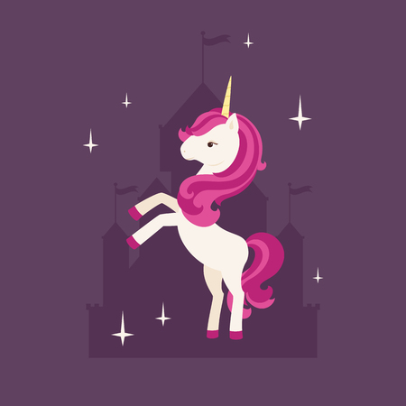 Unicorn with stars on a castle silhouette background. Vector illustrationのイラスト素材