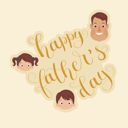 "Happy Father's Day" hand lettering/calligraphy. Happy father/dad and children faces. Vector art.のイラスト素材