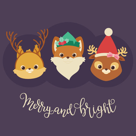 Forest or woodland animals (squirrel, fox, deer) in Christmas themed hats and headbands. Merry and Bright hand lettering. Vector illustrationのイラスト素材