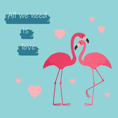 Two flamingos in love. Romantic Valentine's Day greeting card templateのイラスト素材