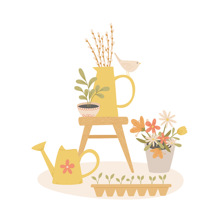 Spring gardening concept. Cartoon handdrawn style. Vector illustration.のイラスト素材
