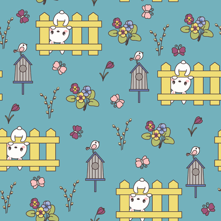 Cute bunny or rabbit, spring flowers, Easter eggs hunting. Easter vector seamless patternのイラスト素材