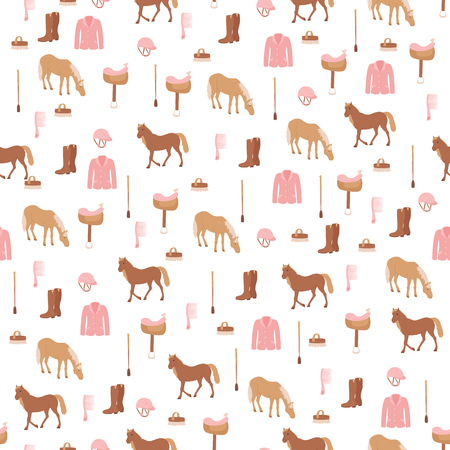 Seamless pattern with horses and horse riding sport equipment. Horse riding sport theme.のイラスト素材