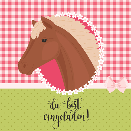 Invitation with a beautiful horse head in a frame and inscription in German "Du bist eingeladen!" ("You are invited").のイラスト素材