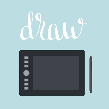 Pen tablet and stylus illustration. Hand lettering "Draw"のイラスト素材