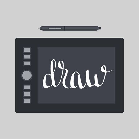 Pen tablet and stylus illustration. Hand drawn lettering "Draw". Inspirational phrase or quote. Vector illustration.のイラスト素材