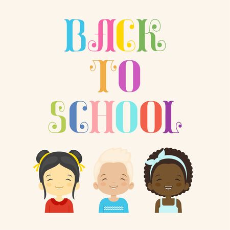 "Back to School" lettering with happy kids. Different nationality children going back to school. Vector illustrationのイラスト素材