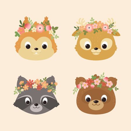 Cute animals portraits: a squirrel, deer, raccoon, bear. Cute characters design.のイラスト素材