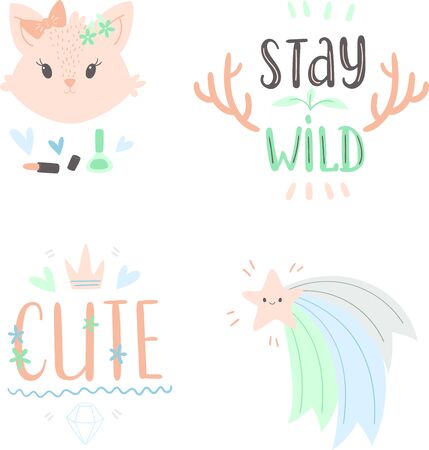 Hand drawn cute doodle animals and lettering. Kitten, star, letterings "stay wild" and "cute" as separate illustrations. Vector のイラスト素材