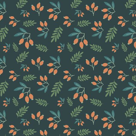 Floral seamless pattern with the pattern template in the Swatches panel. Red berries and green leaves on dark background. Vector artのイラスト素材