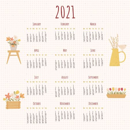 2021 year business or personal calendar. Yearly planner template. 2021 organizer surrounded by house/indoor plants. Vector artのイラスト素材
