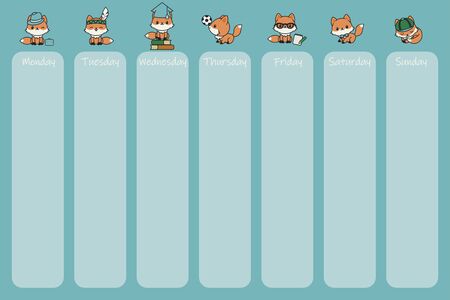 Weekly cute foxes calendar. Blue weekly planner template for boys. Kawaii organizer with cute foxes in different poses. Vector illustrationのイラスト素材