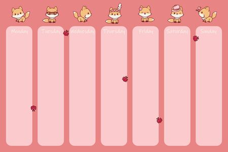 Weekly cute foxes calendar. Pink weekly planner template for girls. Kawaii organizer with cute foxes in different poses. Vector illustrationのイラスト素材