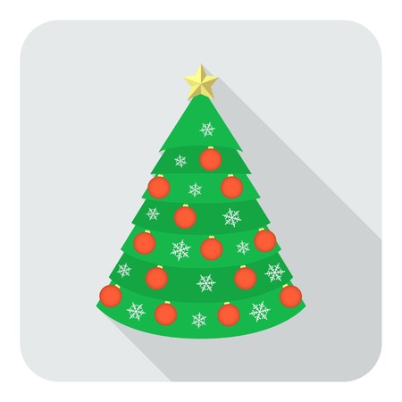 Decorated Christmas tree toy with red balls, snowflakes and golden star on the gray background in the flat style with long shadow, vector EPS8.のイラスト素材