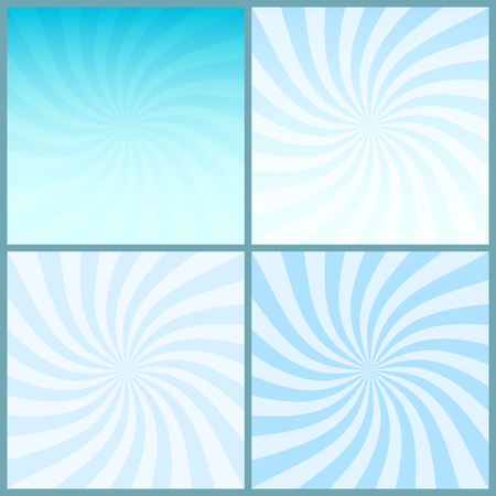 Blue swirl striped centered retro backgrounds set; four vintage abstract backgrounds with blue rotating rays, vector EPS 8のイラスト素材