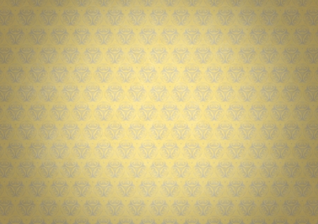 Yellow vintage wallpaper with blue flourish ornament and vignette. Digitally generated vintage stained yellow blue patterned wallpaper abstract background illuminated in the center.の写真素材