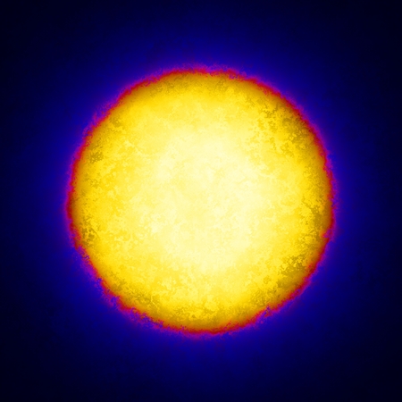 Yellow circle with red edging on dark blue grunge background. Digitally generated contrast grunge abstract background with rough glowing circle in the center and patina texture.の写真素材