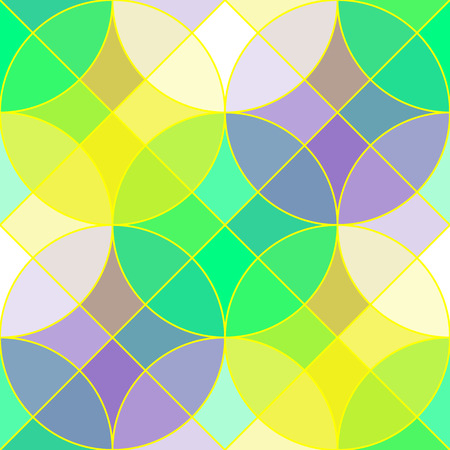 Colorful geometric tile vector seamless pattern. Abstract geometric seamless ornament consists of circles and squares, in spring color palette, vector EPS8.のイラスト素材