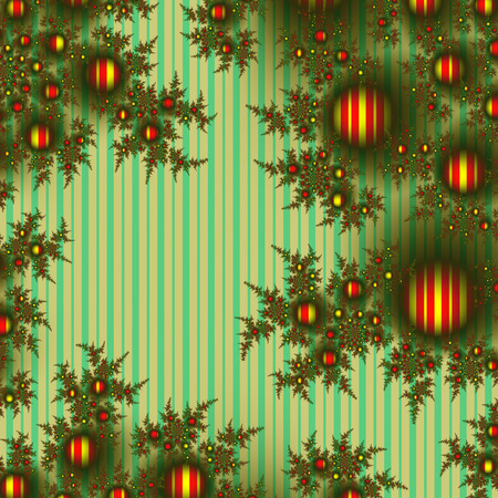 Fractal Christmas tree branches decorated with gold-red balls, vintage style striped background for Xmas and New Year with empty space.の写真素材