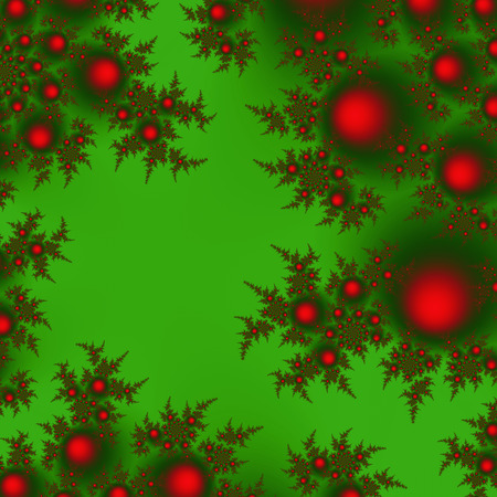 Fractal Christmas tree branches decorated with red balls, abstract background for Xmas and New Year with empty space.の写真素材