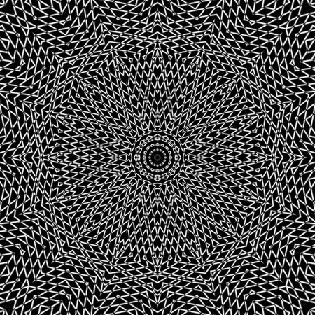 Line art black and white mandala. Digitally generated bw geometric mandala with many white lines on black background.の写真素材