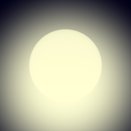 Round glowing lamp, 3D render. Digitally generated spherical lamp shining a warm light in the dark. Simple minimalistic raster illustration with soft focus.の写真素材