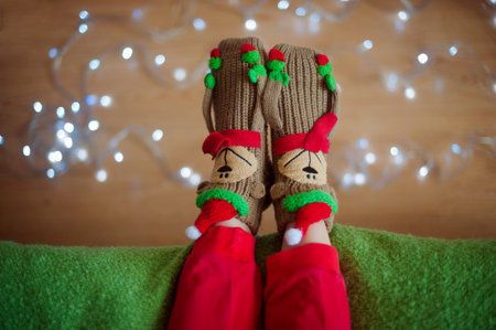 Legs in socks on a green couch. house. composition in red and green.の写真素材