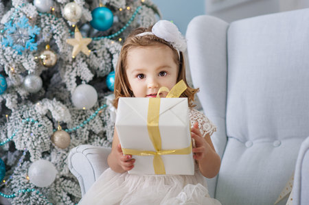 cute little girl in white dress sitting in a chair and opens a box with a present for background Christmas tree with blue ornaments. Xmas holiday conceptの写真素材
