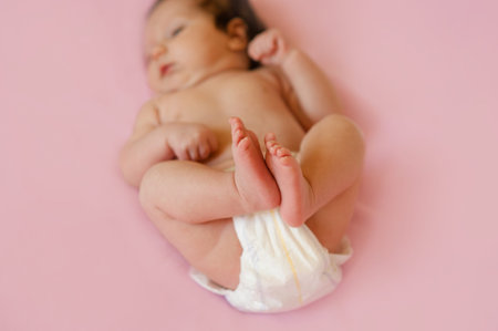 feet of a two months old baby wearing diapers lying on the bed at home