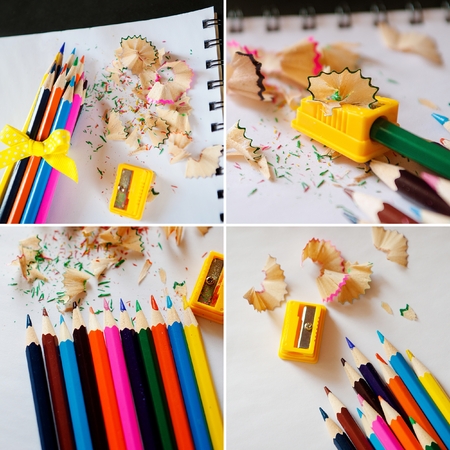 School supplies collage - Colored pencils, sharpener, shavingsの写真素材