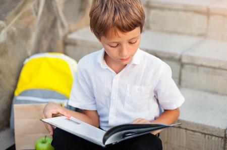 Child doing his homework outdoors after school.の写真素材