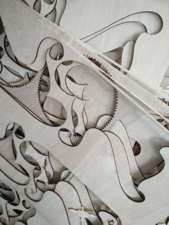 Waste from woodworking production. Plywood sheets after laser cuttingのeditorial素材