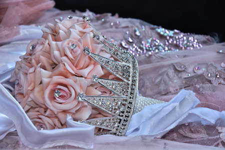 Beautiful bouquet of the bride of pink roses in the shape of a crown. High quality photoの写真素材
