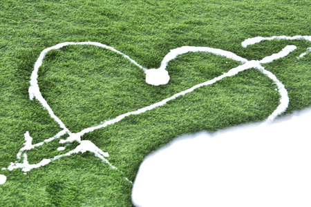 lovers heart symbol is drawn with white foam on green grass, Valentines Dayの写真素材