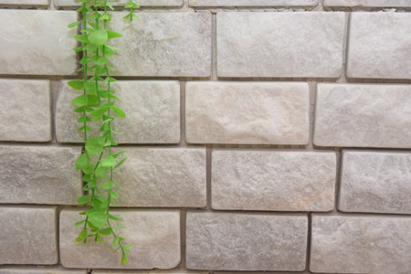 white brick wall with artificial green branch and leaves, spring background, invitation, postcard