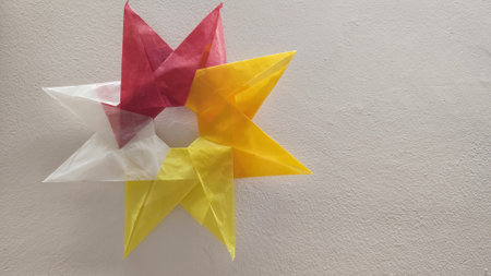 multi-colored paper stars origami crafts, the art of folding figurines. high quality photoの写真素材