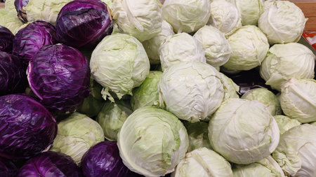 white and purple cabbage, food vegetables background in the store. high quality photo