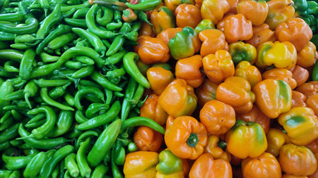 sweet and bitter peppers, orange and green vegetables summer background, store food. high quality photoの写真素材