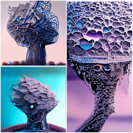 purple trees modern, color fantastic collage illustration 3d. high quality photoの写真素材