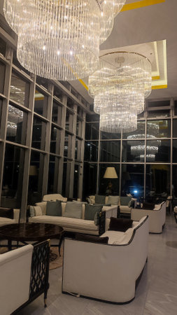 June 20, 2023 Netanya Israel, Medi Terre Hotel lobby at nightのeditorial素材