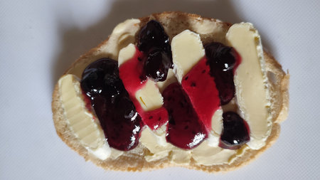 sandwich white bread, butter and jam, breakfast food, carbohydrates. High quality photo