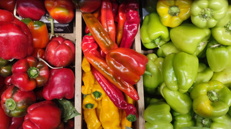 peppers, red and green vegetables, sweet and bitter, food in the store, groceries. High quality photoの写真素材