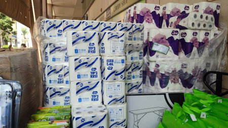 November 2, 2023 Beer Sheva Negev Israel, rolls of paper towels, Israeli flag and text Together we will winのeditorial素材